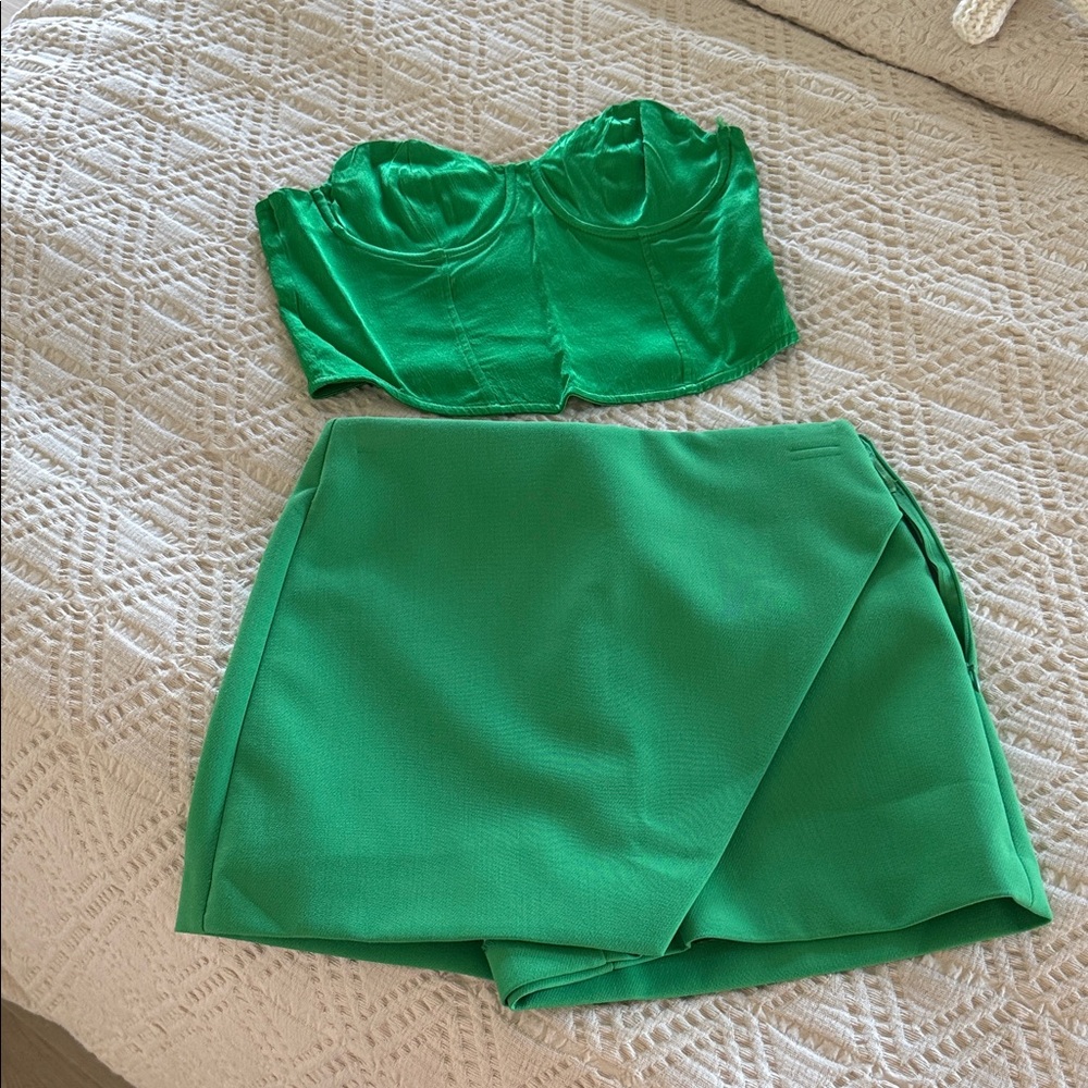 Zara Vibrant Green Skirt / skort Set with corset top